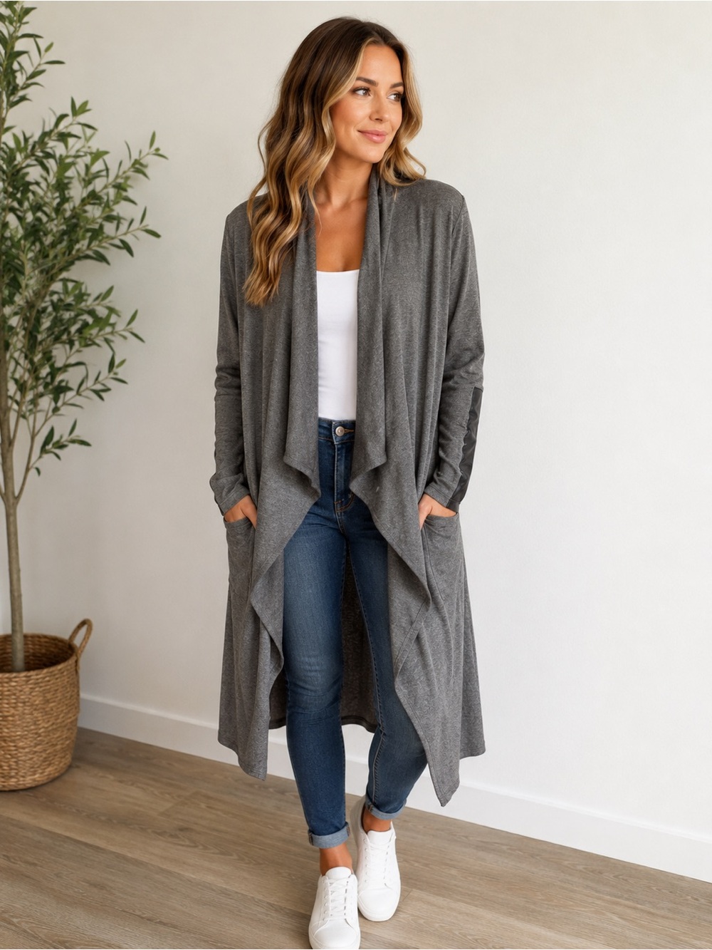Karen Kane Women’s Large Gray Open Front Duster Cardigan Long Sleeve